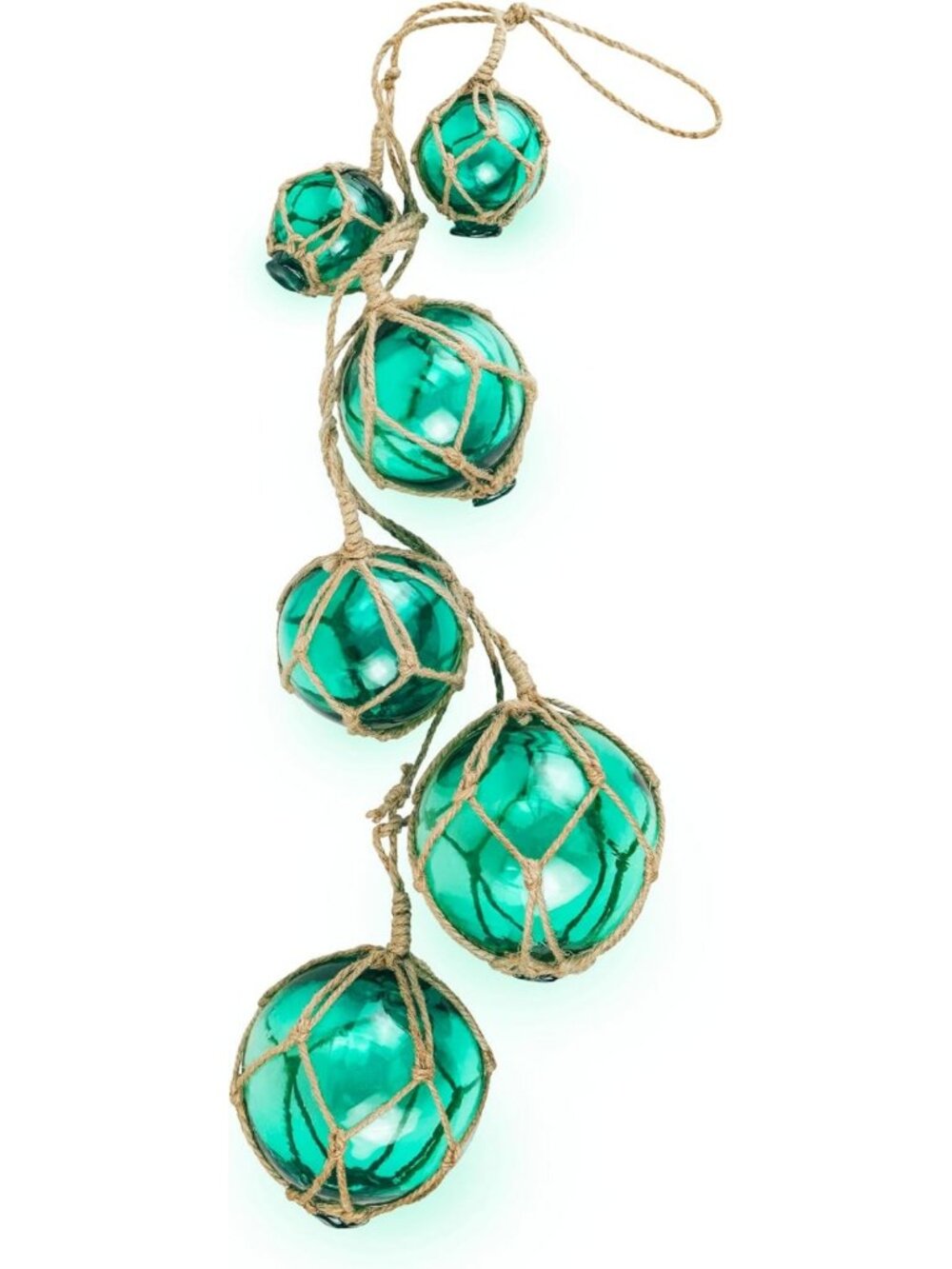 Nautical Decor Glass Fishing Float String - Set of 6 Green Balls for Coastal